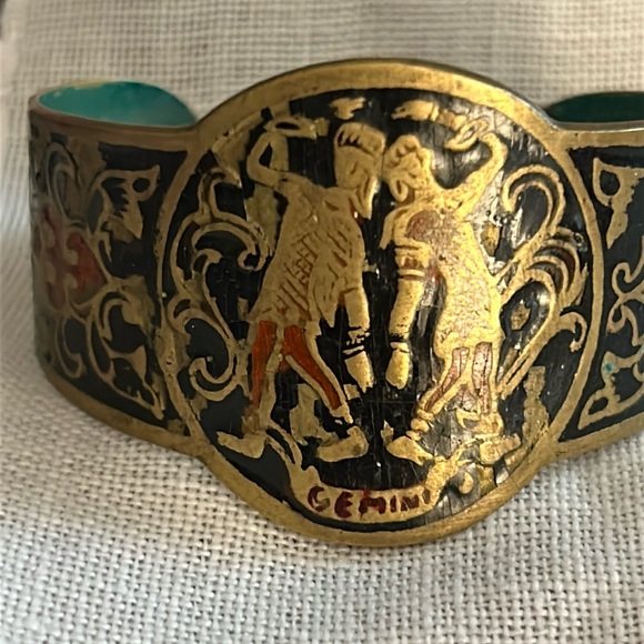 Vintage OLD Zodiac Gemini Enamel on Solid Brass Heavy Cuff Bracelet - Picture 3 of 16